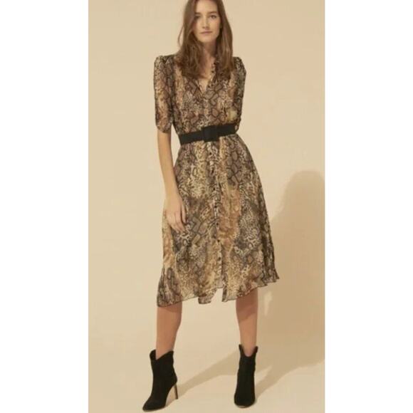 BA&SH Sz 1 6 S Snake Snakeskin Animal Print Rozy Midi Shirt Dress Crinkle Pleat - Picture 1 of 14